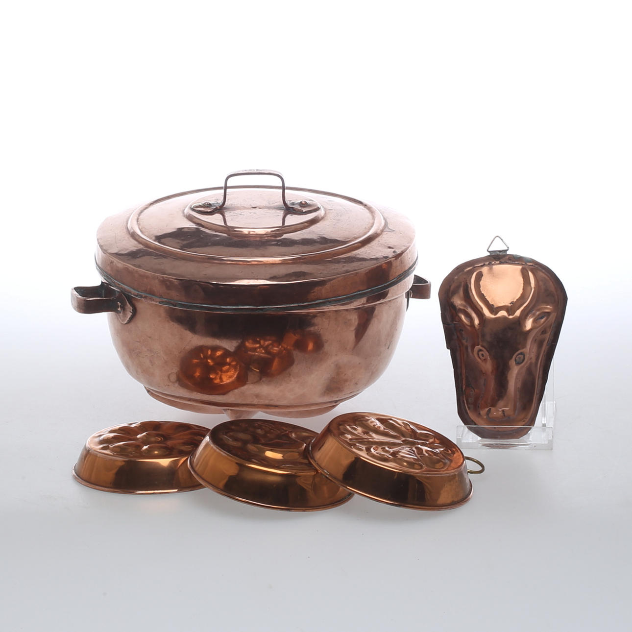 ALADOB- samt KAKFORMAR, 5 delar, koppar, 18 & 1900-tal.