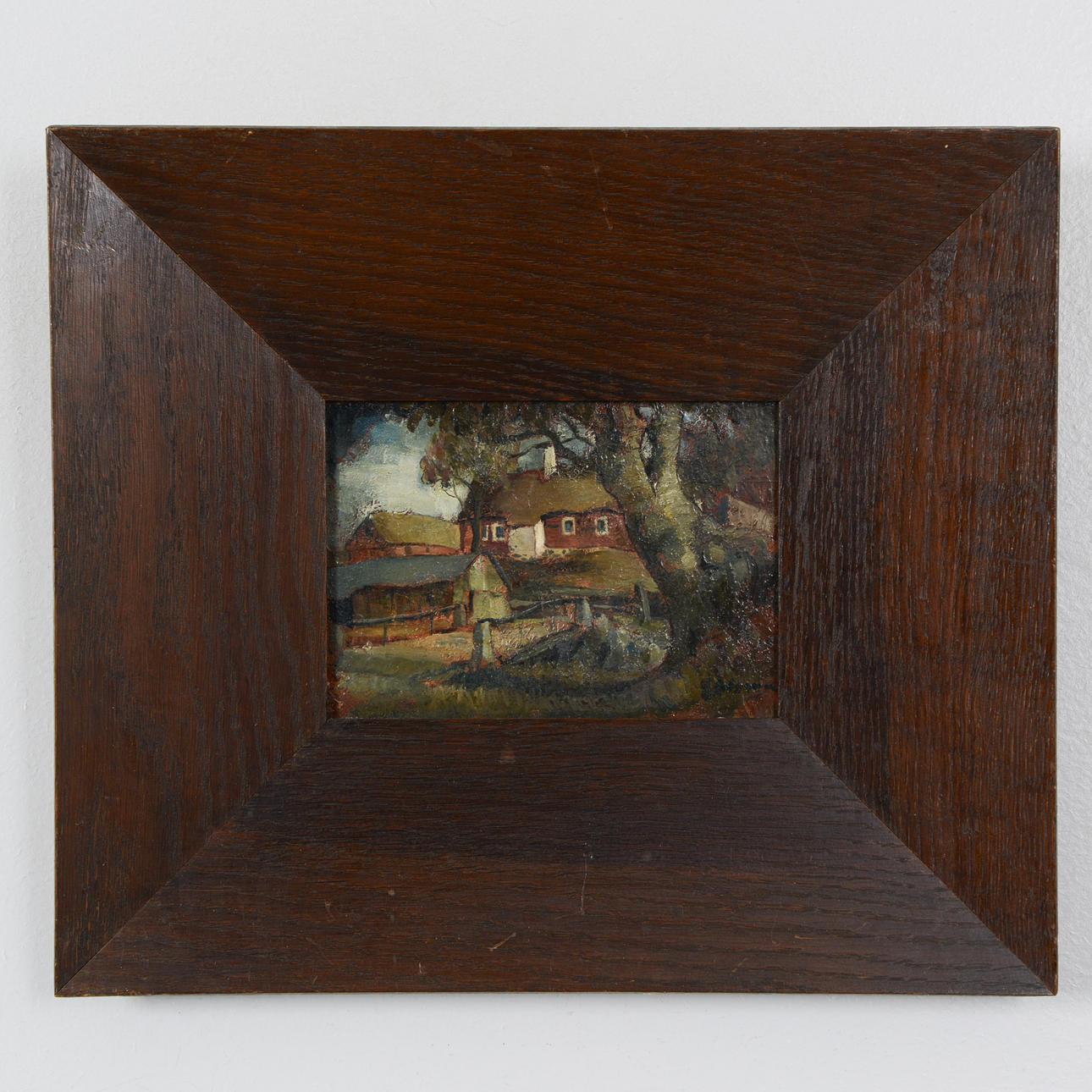 OIDENTIFIERAD KONSTNÄR. Swedish village landscape, oil on panel, possibly signed E Olsson in the lower right corner.