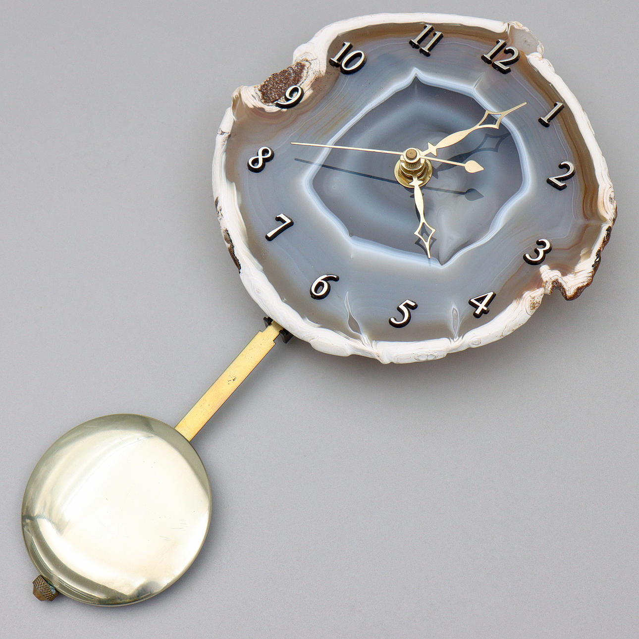 WALL CLOCK, AGATE GEODE, BRASS.