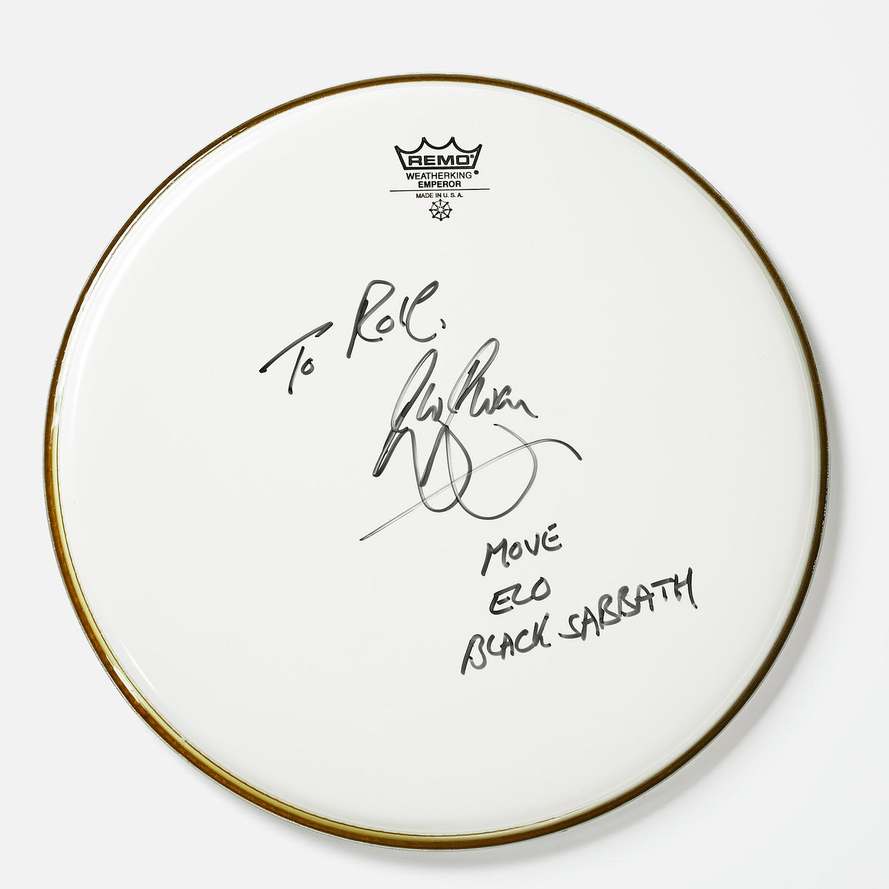 BEV BEVAN, (the Move, Black Sabbath, ELO), signed drumhead, signed with dedication by Bev Bevan (1944-).