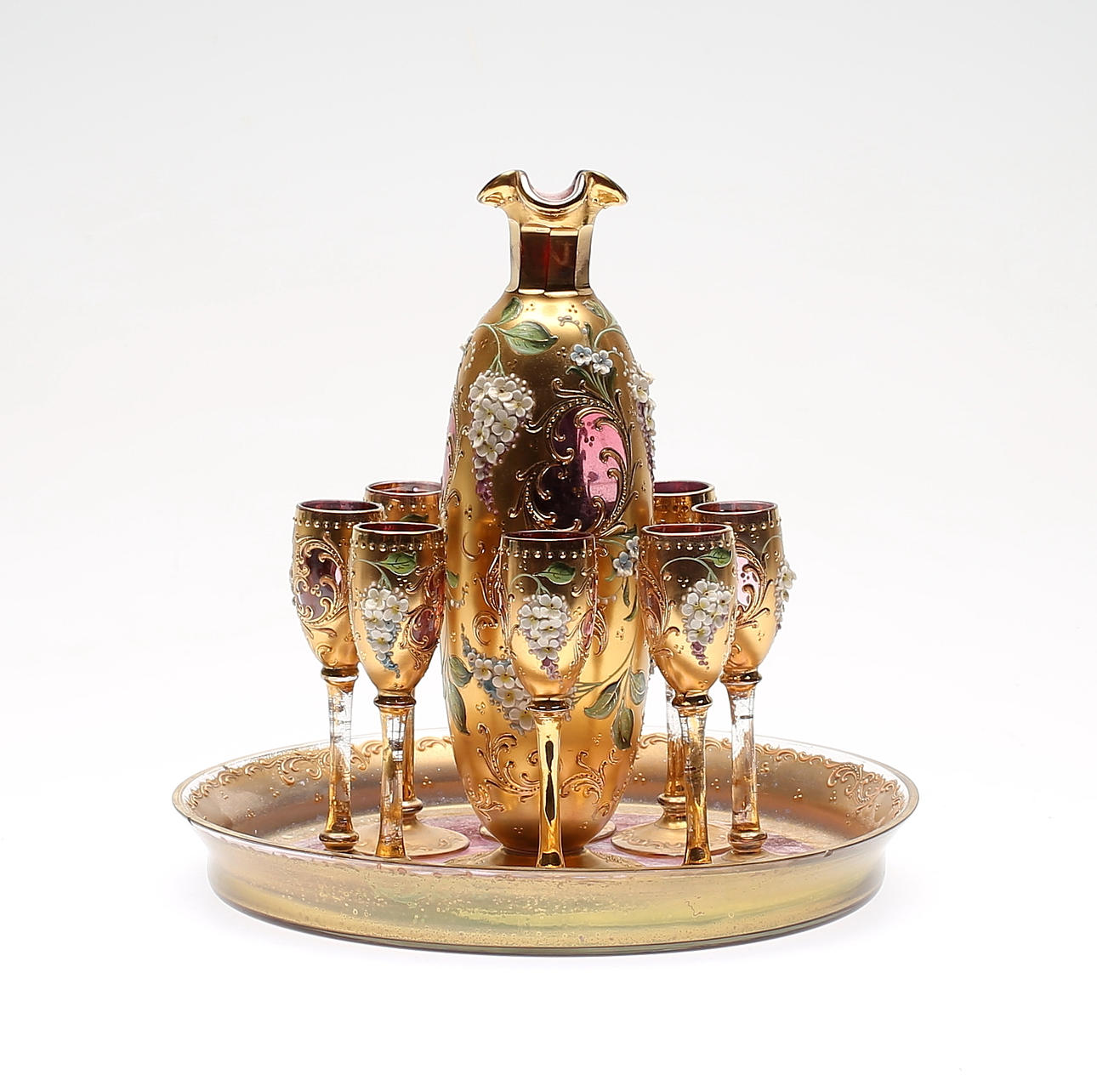 LIKÖRSET, 10 delar, glas, sannolikt moser, 1800-/1900-tal.