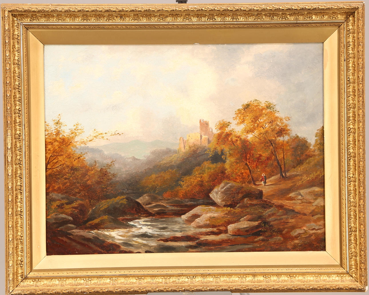 OIDENTIFIERAD KONSTNÄR. TAVLA, olja duk, signerad, 1900-tal, landskap med borg och kvinna.