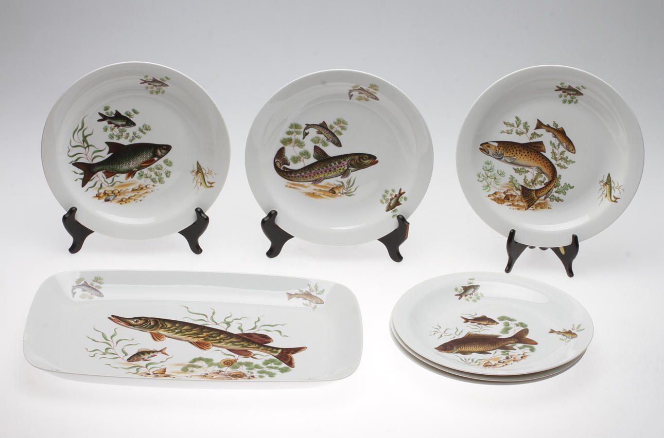 FISKSERVISDELAR, 7 delar, porslin, Rörstrand.