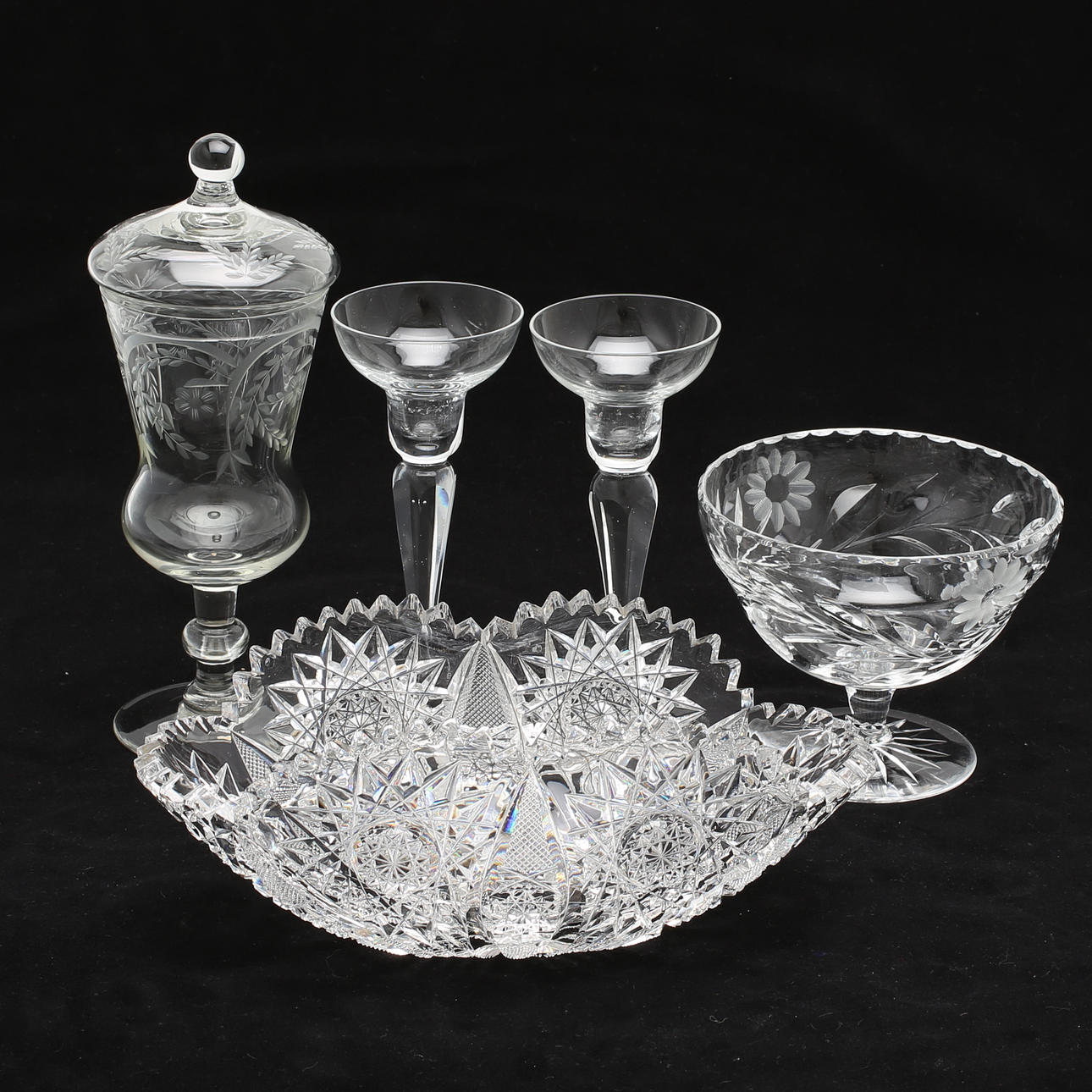 POKAL, LJUSSTAKAR, SKÅLAR, 5 delar, glas, Bohemia, Kosta, Boda.