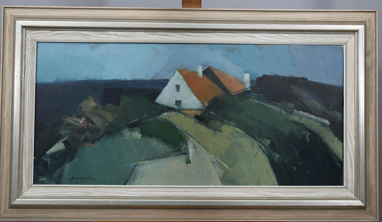 ARNE ASPELIN. Olja på duk, Hus vid kusten, signerad.