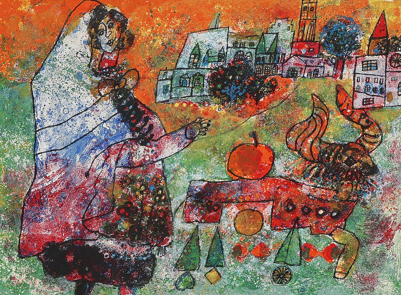 THÉO TOBIASSE. Colour lithograph Woman & bull.