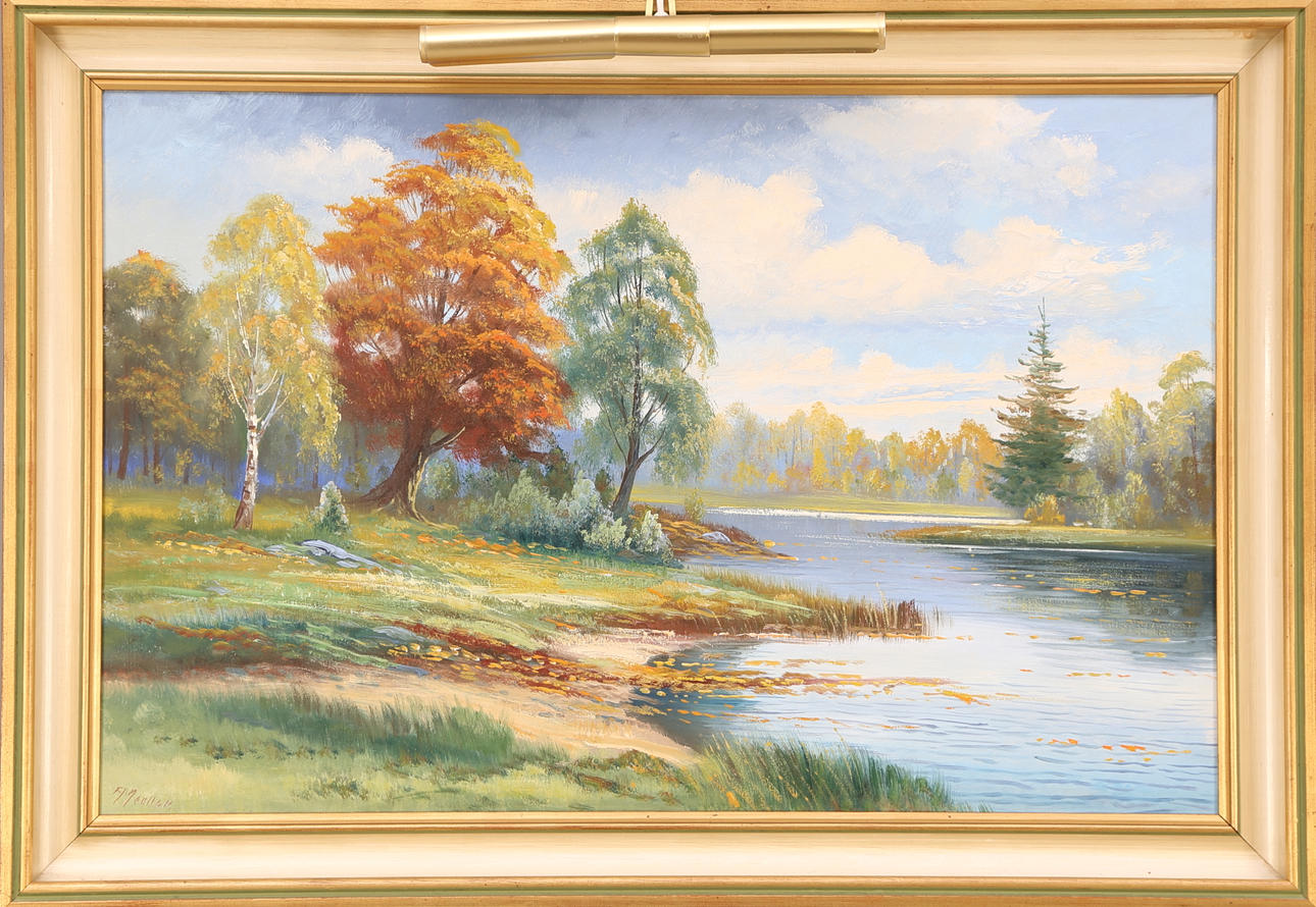 OIDENTIFIERAD KONSTNÄR. TAVLA, olja duk signerad F.Meuller, skogsidyll vid vatten, 1900-tal.