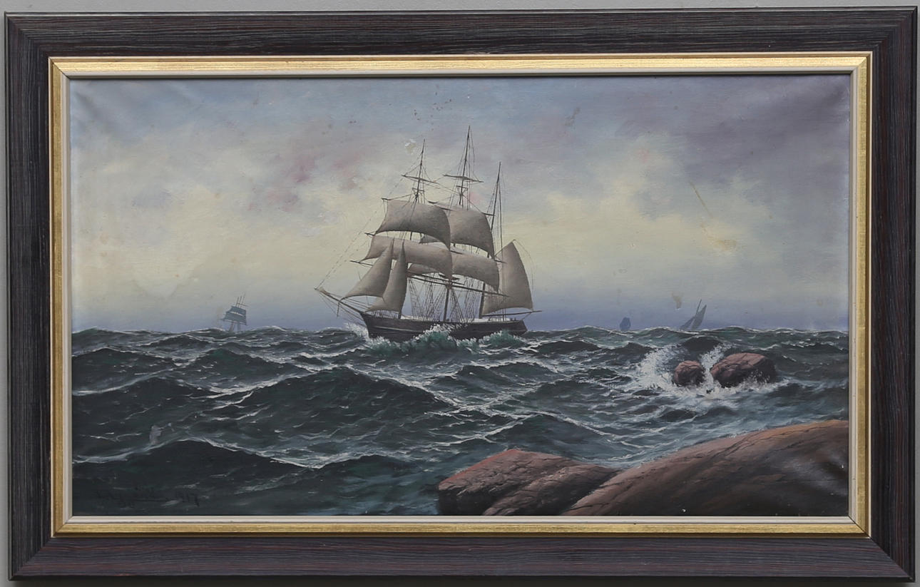 THORVALD RYGAARD. Segelfartyg till havs. Olja på duk. Signerad T.Rygård 1917.