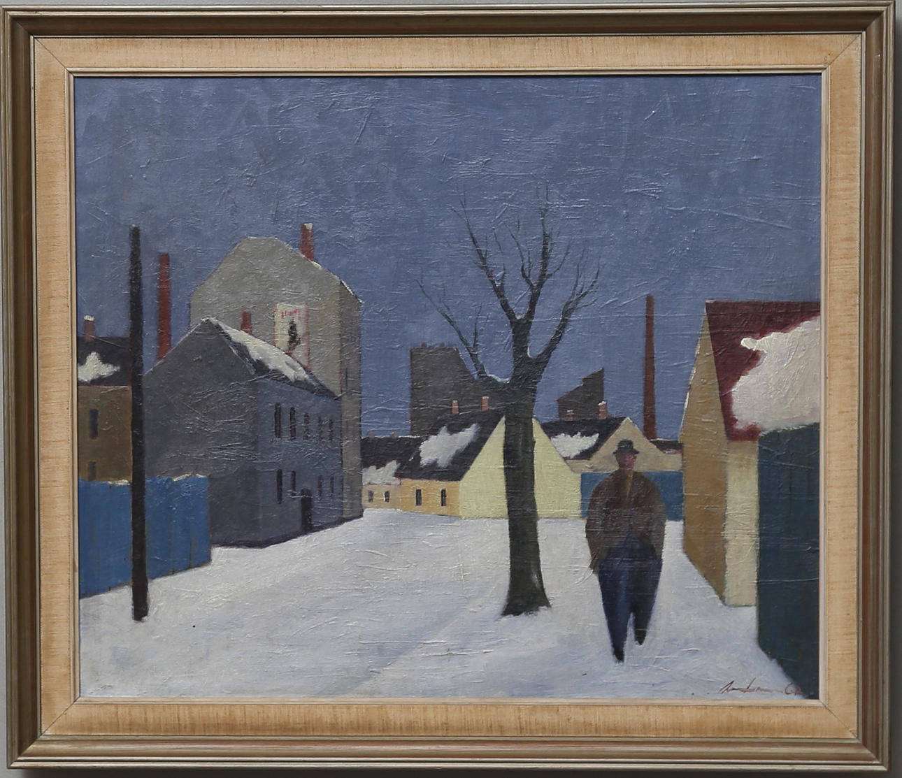 FABIAN LUNDQVIST. TILLSKRIVEN. Promenerande man i vinterstad. Olja på pannå, signerad, 1900-talets första hälft.