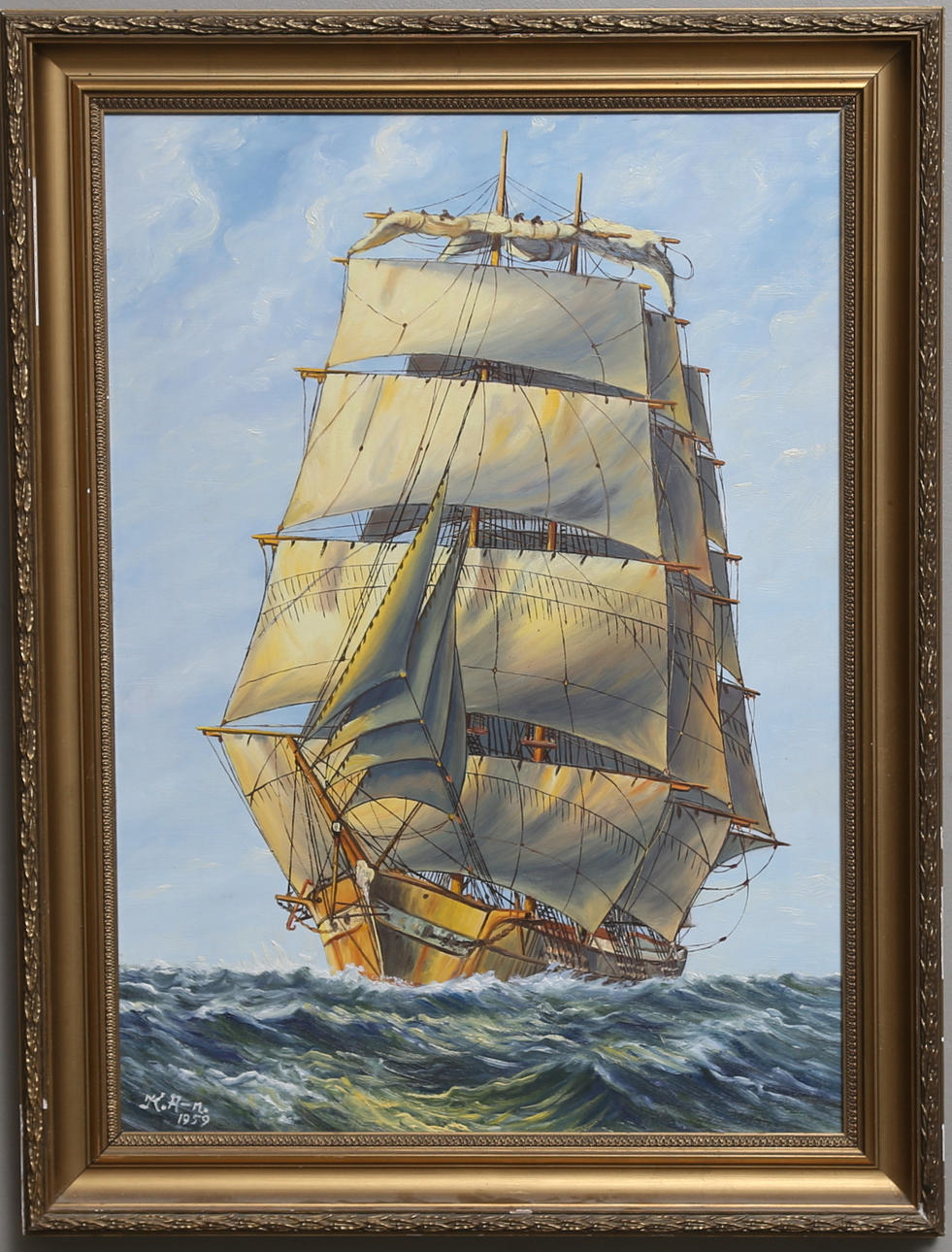 OIDENTIFIERAD KONSTNÄR. Skeppsporträtt. Olja på pannå. Signerad K.A-n -59.