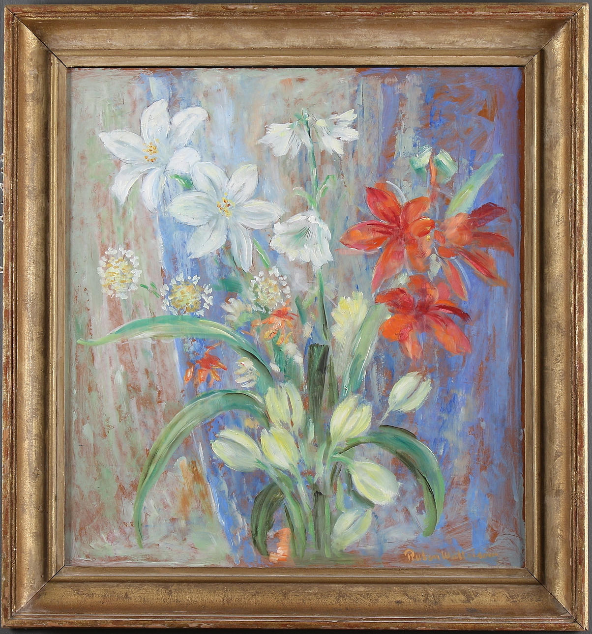 RUBEN WALLSTRÖM. Amaryllis och vårlök, olja på pannå, signerad och daterad 1947.