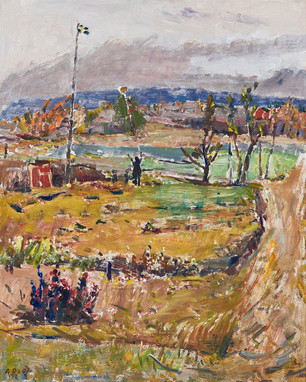 ALEXANDER ROOS (Sverige, 1895-1973), Högtid, flaggdag, signerad A.Roos, olja på pannå