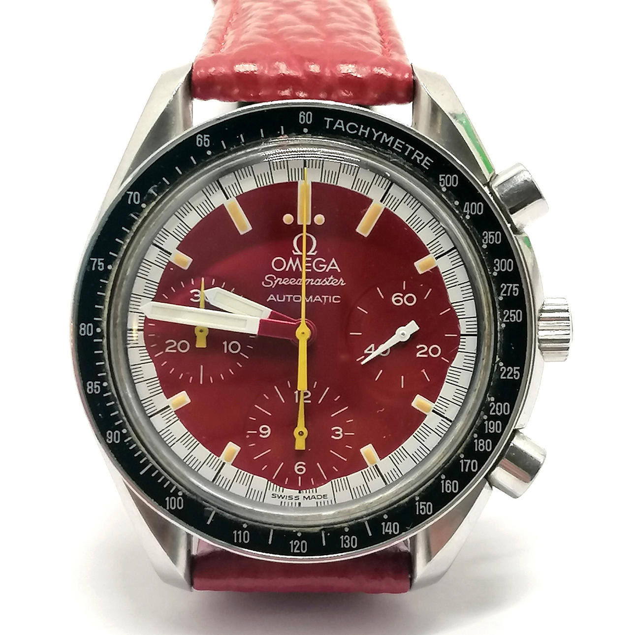 OMEGA SPEEDMASTER AUTOMATIC SCHUMACHER CHRONOGRAPH WRISTWATCH.