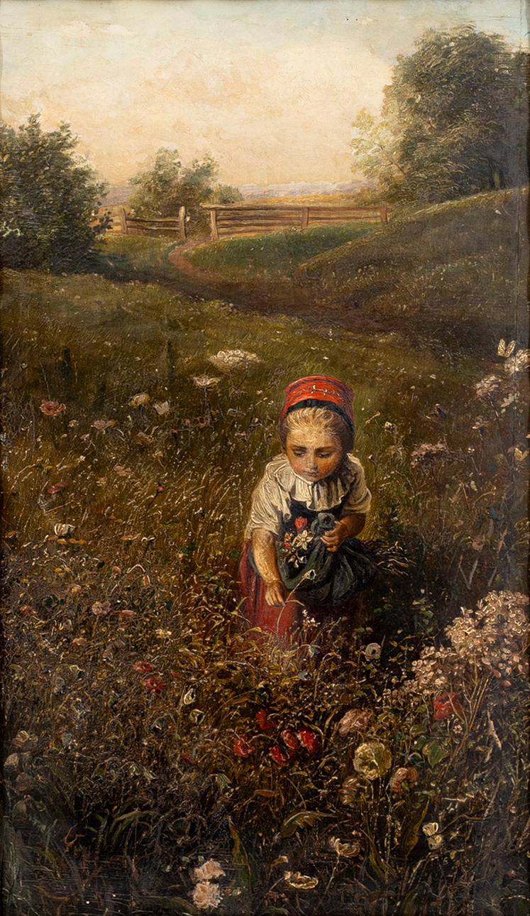 OKÄND KONSTNÄR. Flicka på blomsteräng, olja på pannå, troligen England / Holland, 1800-talets andra hälft