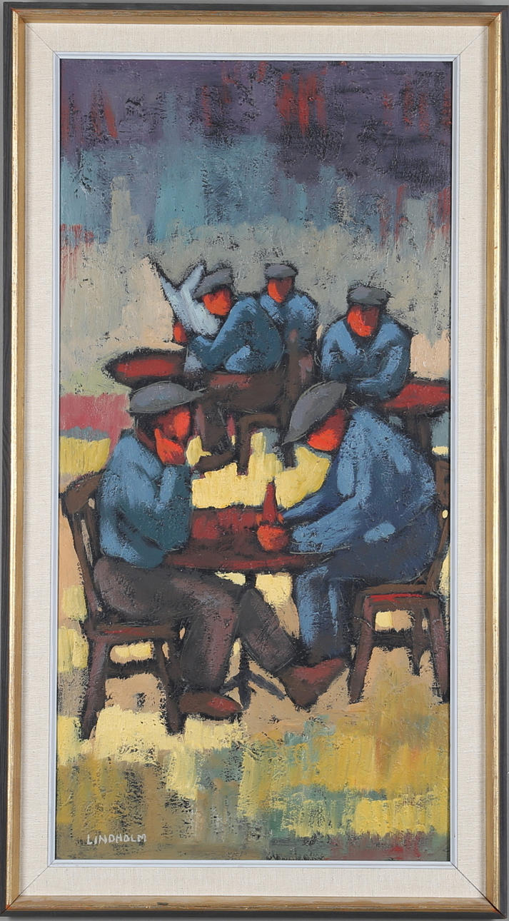 HELGE EUGÉNE LINDHOLM. 'Efter arbetet', olja på duk, signerad.