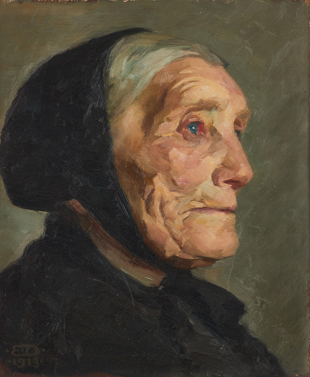 EINAR OLSEN (1876-1950): Gumma i profil, signerad och daterad E.O 1913, olja på pannå