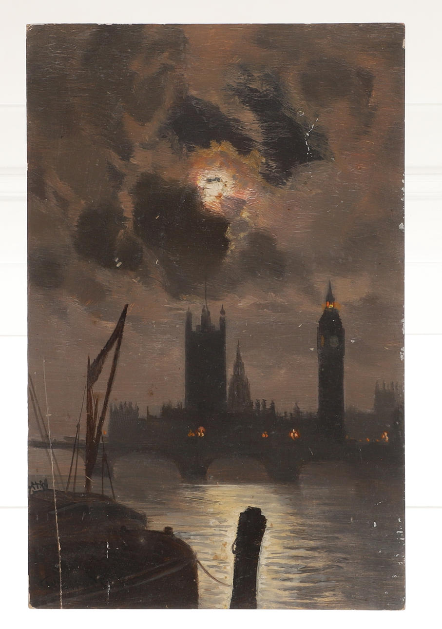 GEORGE HYDE-POWNALL (1866-1939). 'THE MOONLIT RIVER, WEST' A VIEW OF WESTMINSTER BRIDGE WITH THE PALACE OF WESTMINSTER BEYOND.
