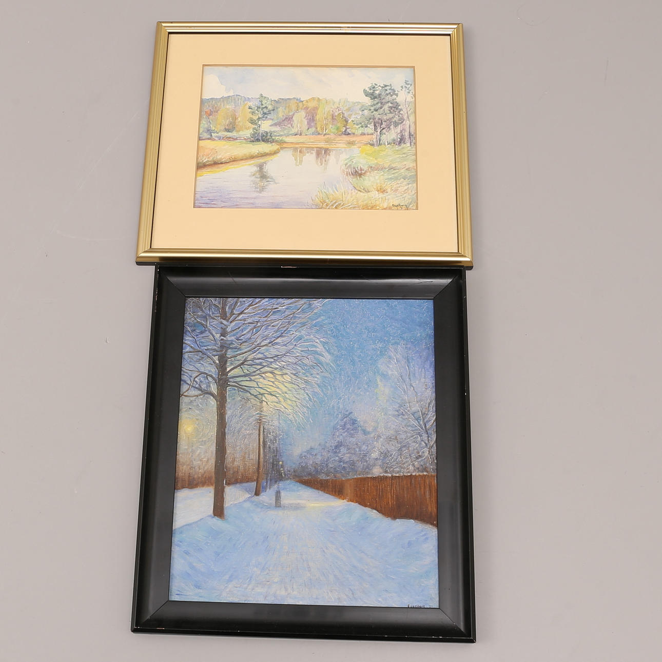 GUSTAF FOGELBERG. 2 st. signerade. Olja på pannå. Akvarell.