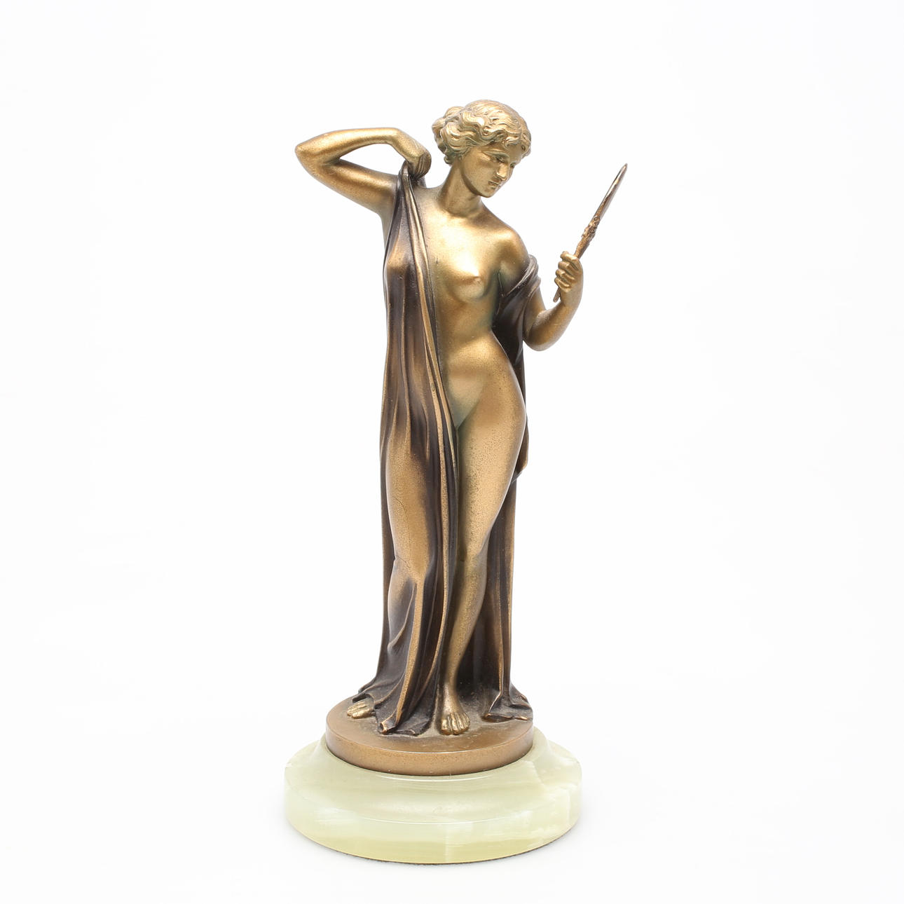 SKULPTUR i brons. Kvinna med spegel, efter Ferdinand Preiss, 1900-talets senare del.