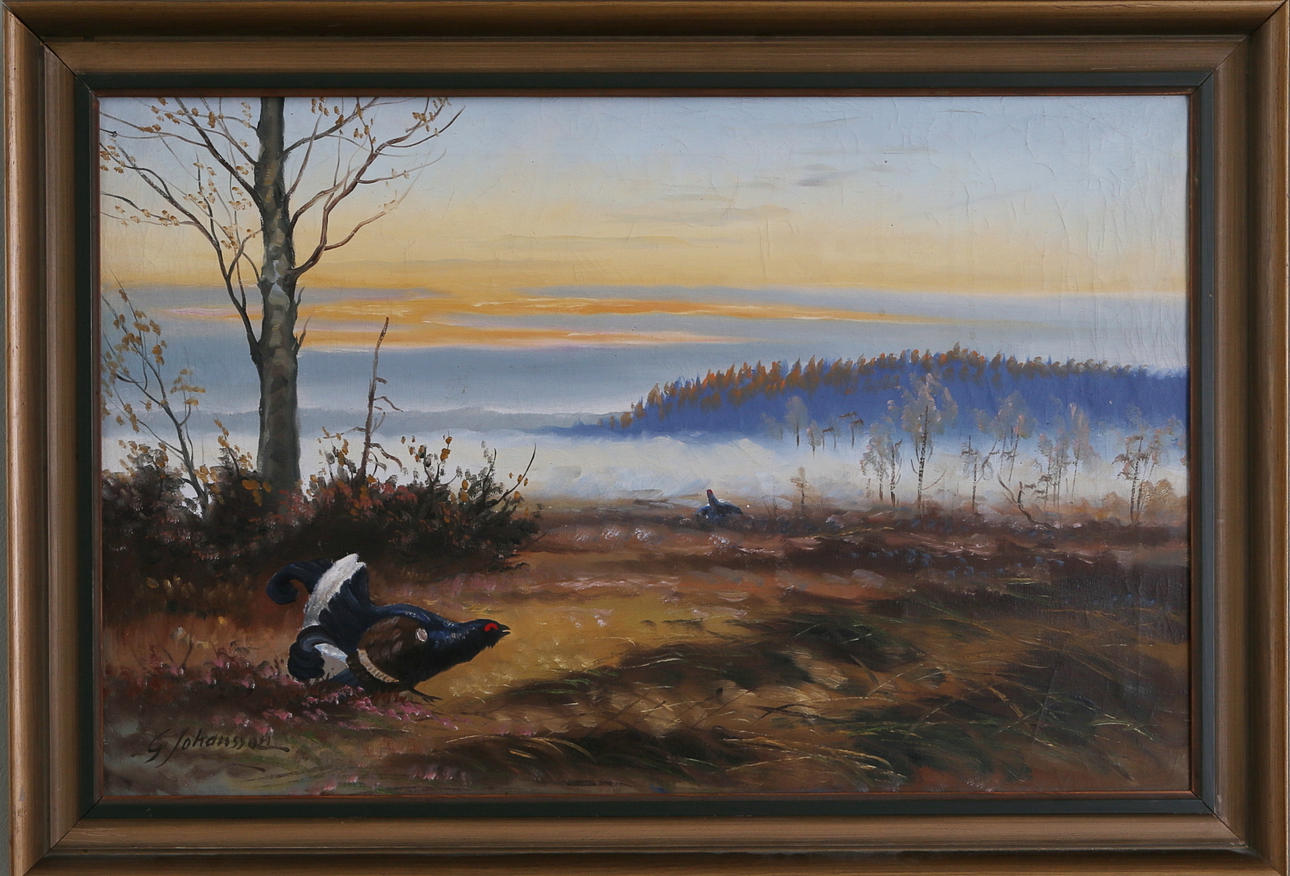 GUNNAR JOHANSSON. Tjäder i skogslandskap, olja på duk, signerad.