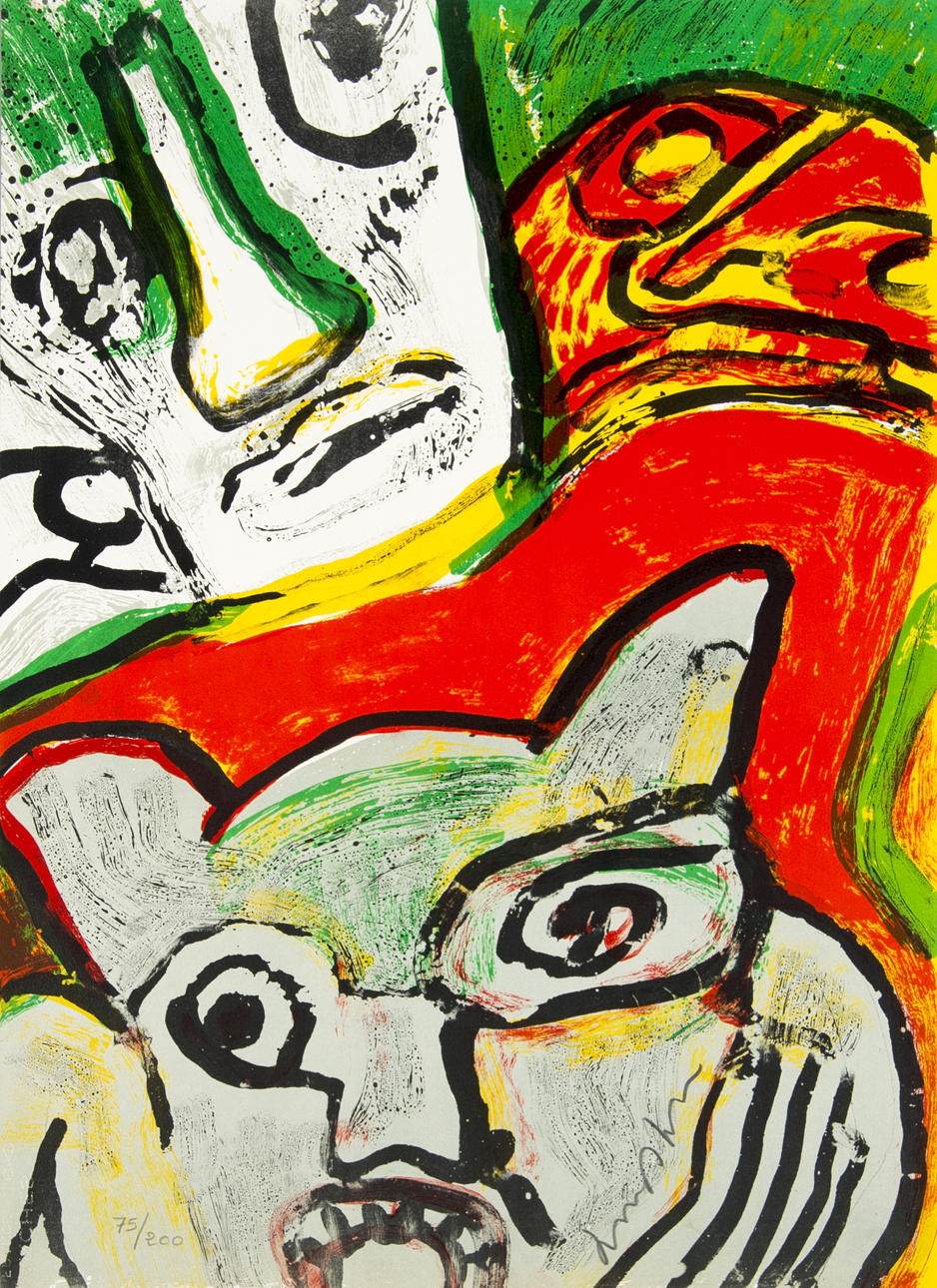 BENGT LINDSTRÖM. Komposition med ansikte, färglitografi, signerad.