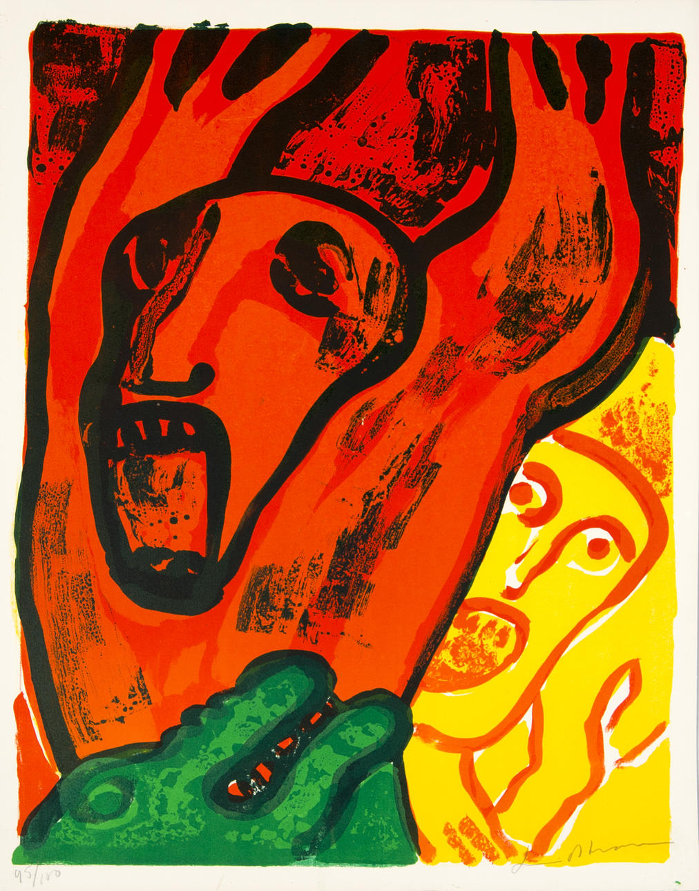 BENGT LINDSTRÖM. Komposition med ansikten, färglitografi, signerad.