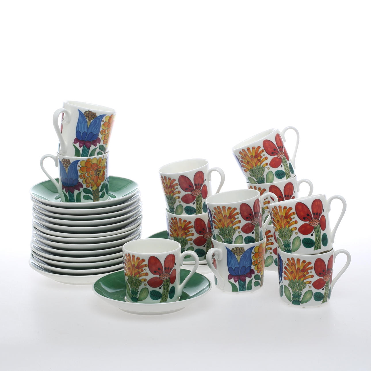 KAFFEKOPPAR, med fat, 12 st, porslin, "Tahiti", Stig Lindberg, Gustavsberg.