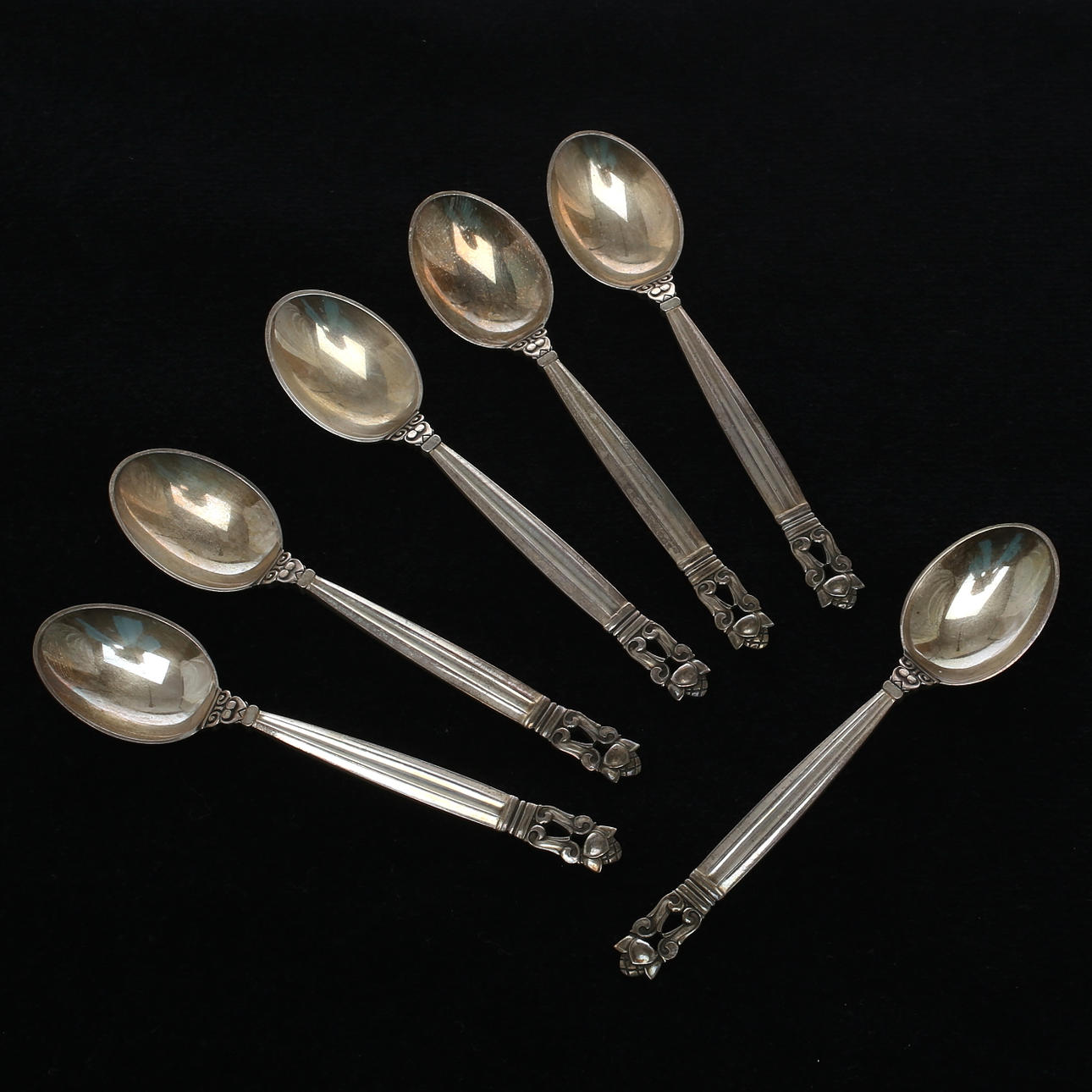 MOCCASKEDAR, 6 st, sterling silver, "Konge", Georg Jensen, Danmark, efter 1945.