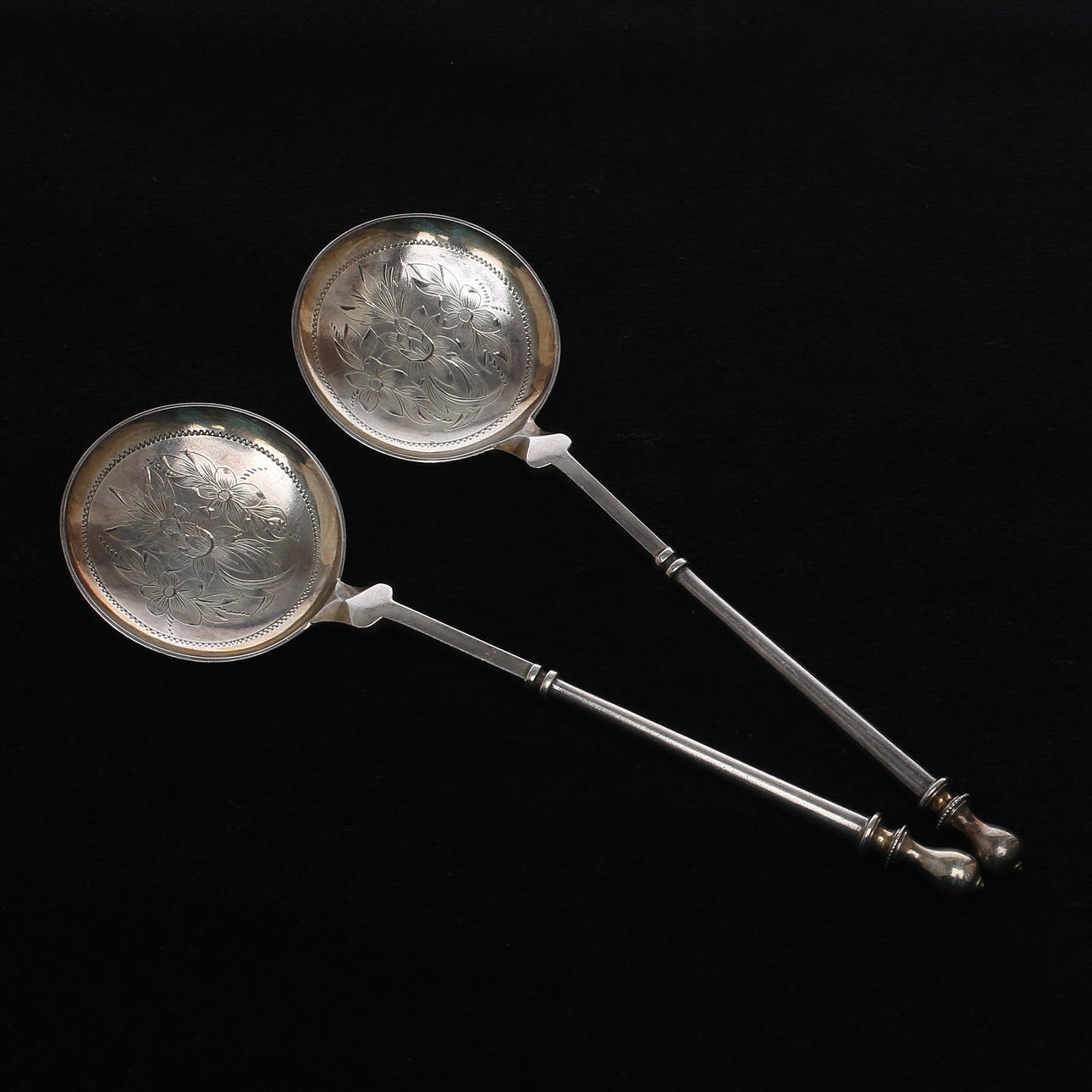 KAVIARSKEDAR 1 par, silver, Albert Telemack Drebolt, assay Simon Groth, Danmark, 1800-tal.