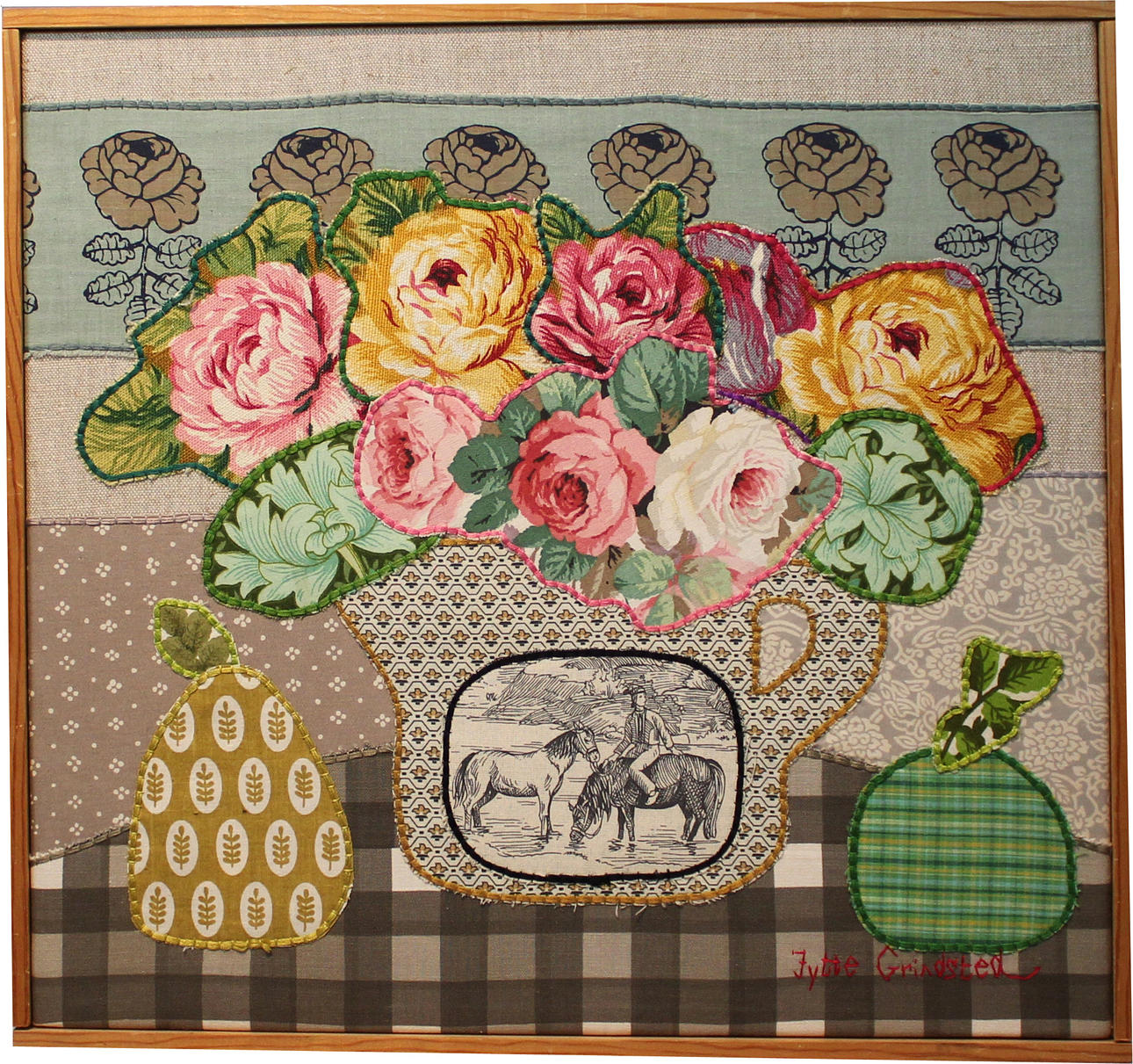 JYTTE GRINDSTED. Stilleben. Applikation. Signerad.