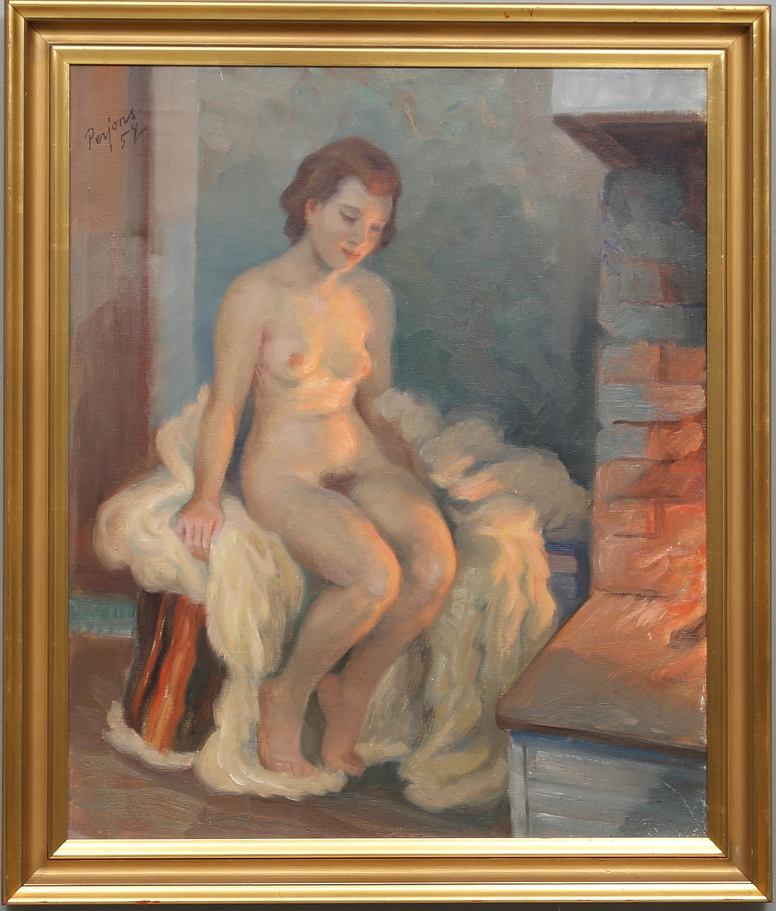 PER-HILDING PERJONS. "Naket i brassken". Olja på duk. Signerad Perjons och daterad -54.