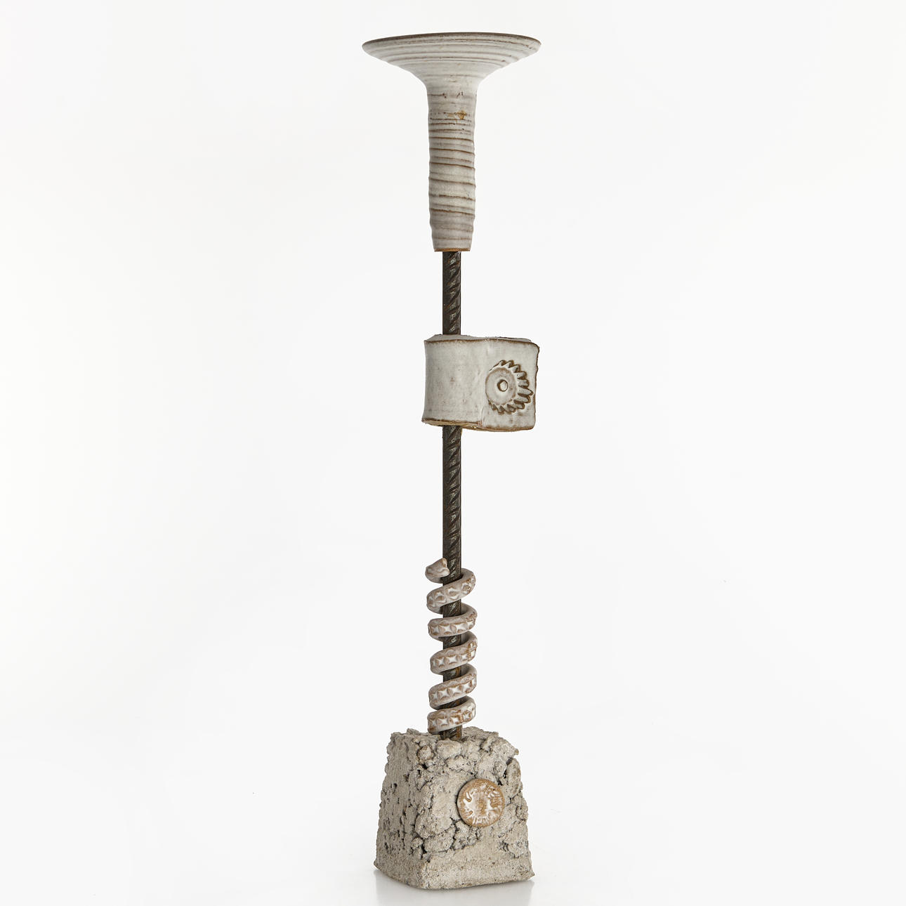 OKÄND FORMGIVARE. Ljusstake, glaserad keramik, järn och cement, 19/2000-tal