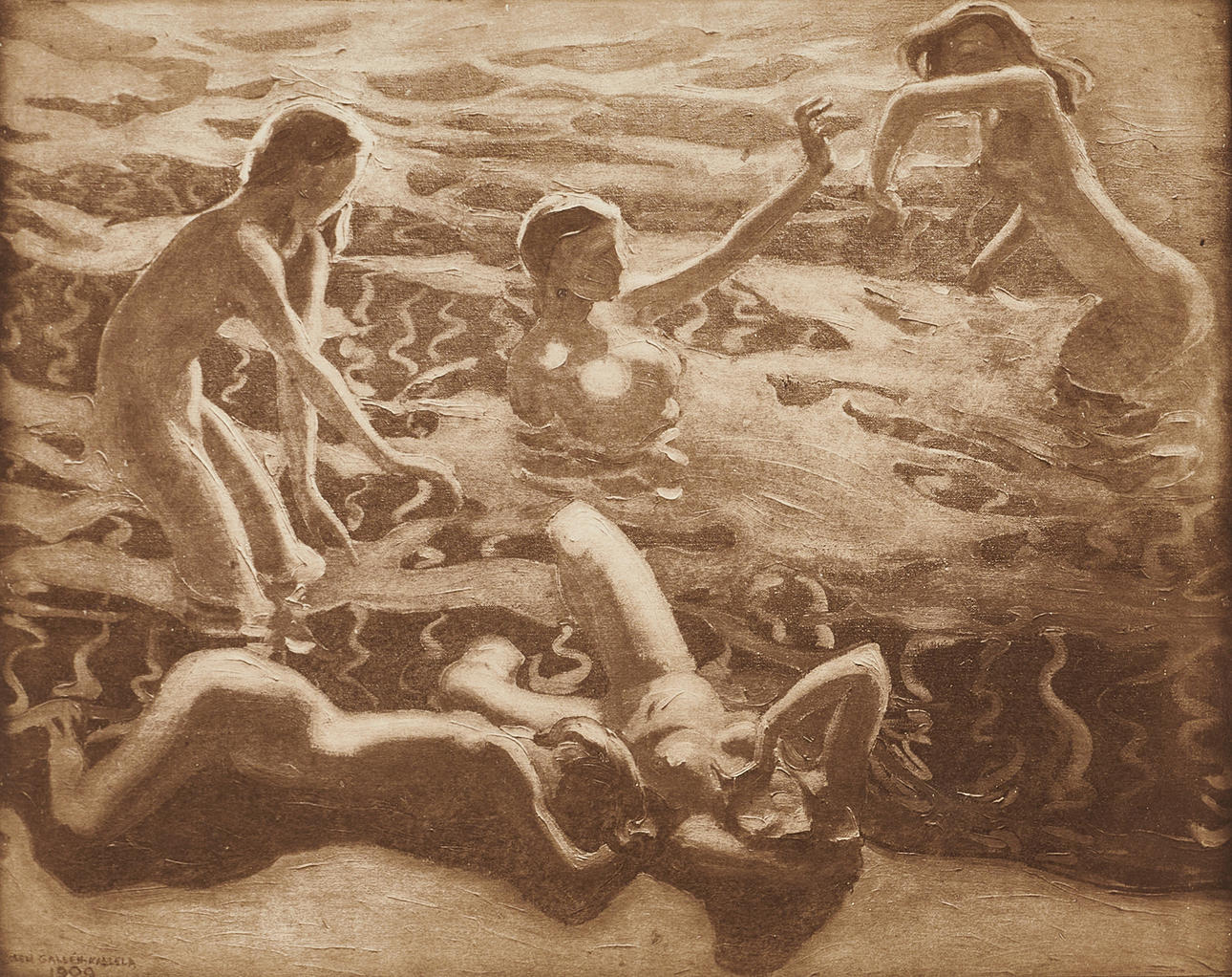 AKSELI GALLEN-KALLELA (Finland, 1907-1931), efter, "Aallottaret" - Badande flickor". 1914, heliogravyr