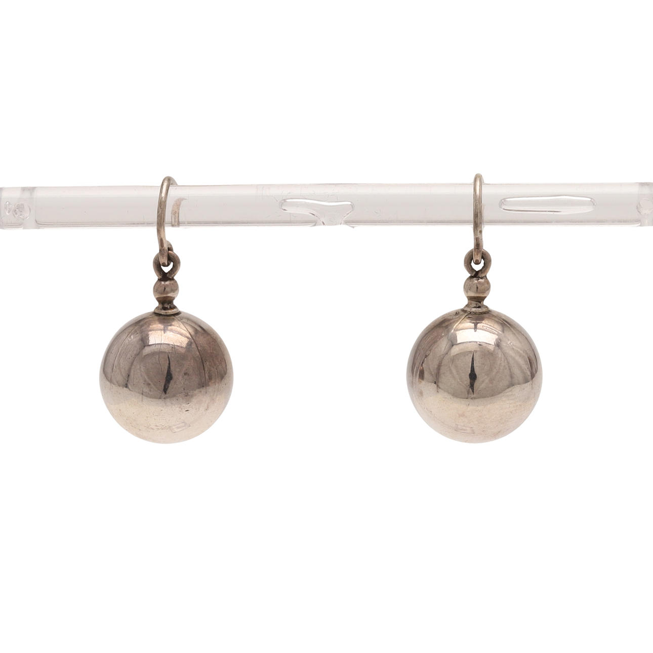 A PAIR OF SILVER BALL DROP EARRINGS.