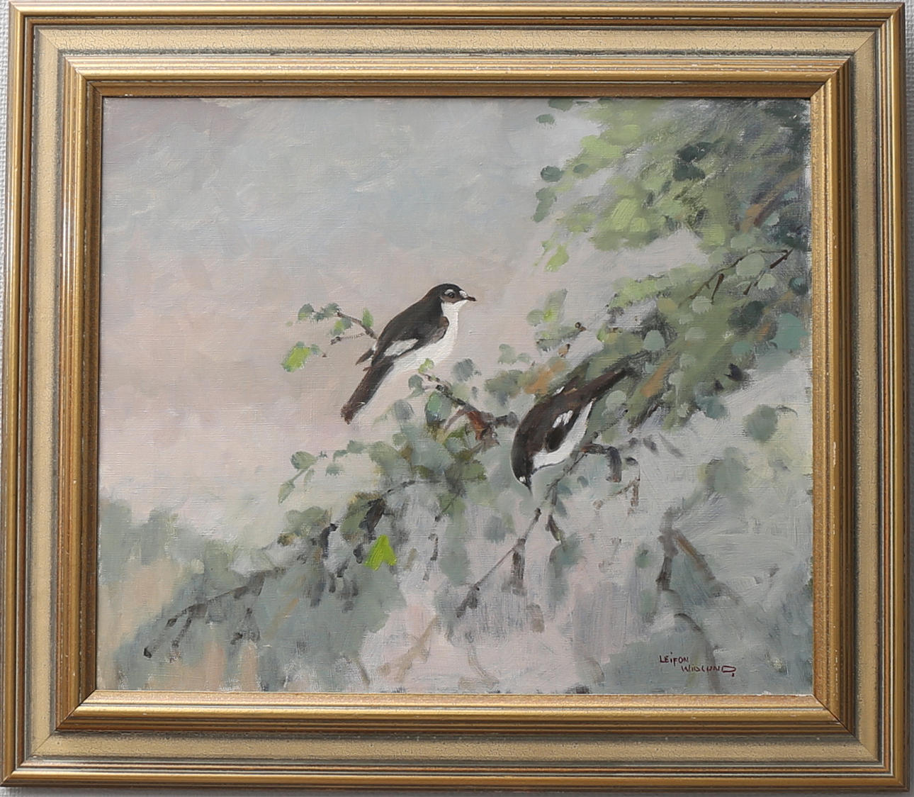 LEIFON WIDLUND. "Svartvit flugsnappare", olja på duk, signerad.