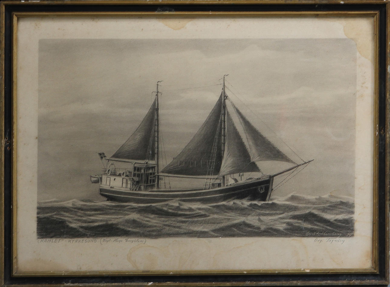 OTTO WALDEMAR STOLTENBERG. Skeppsporträtt "Hamlet" Kyrkesund, teckning, signerad.