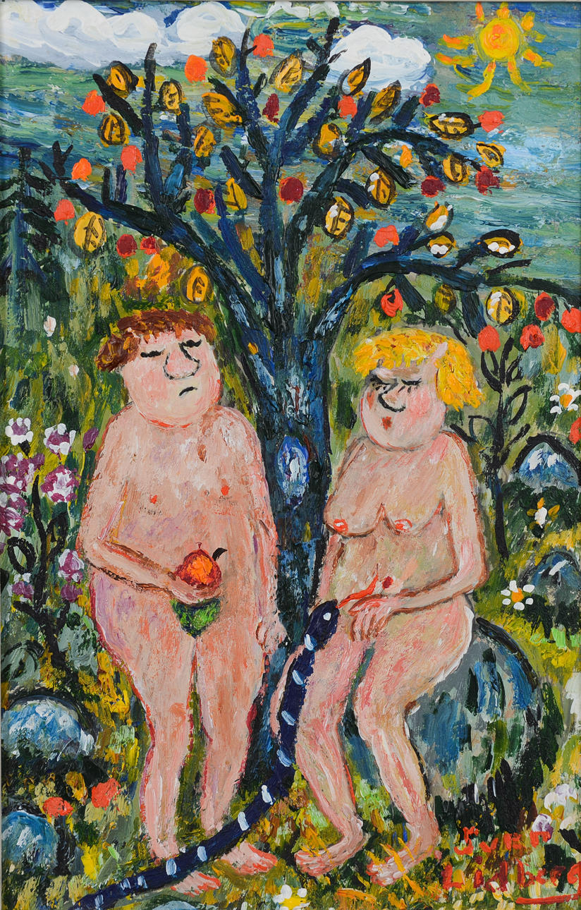 SVEN LIDBERG. Adam och Eva, olja på pannå, signerad