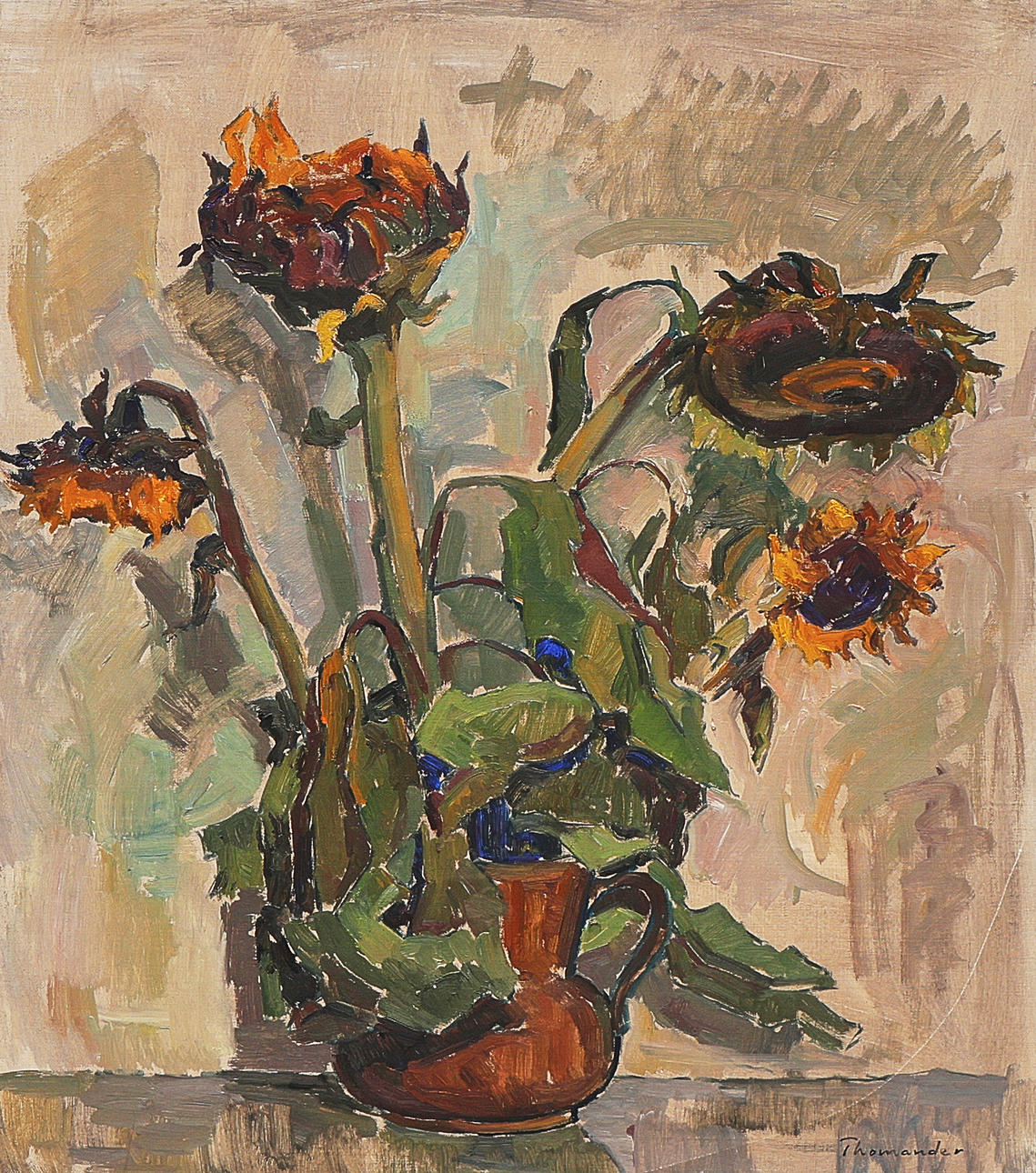 HARRY THOMANDER. Oil painting, Still life with Sunflowers in a vase, signed.