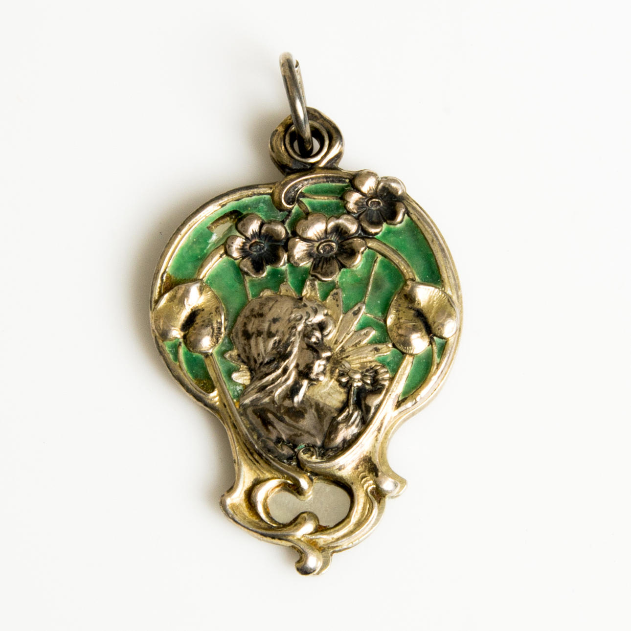 HÄNGE i form av spegel, sterlig silver med grön sten, jugend.