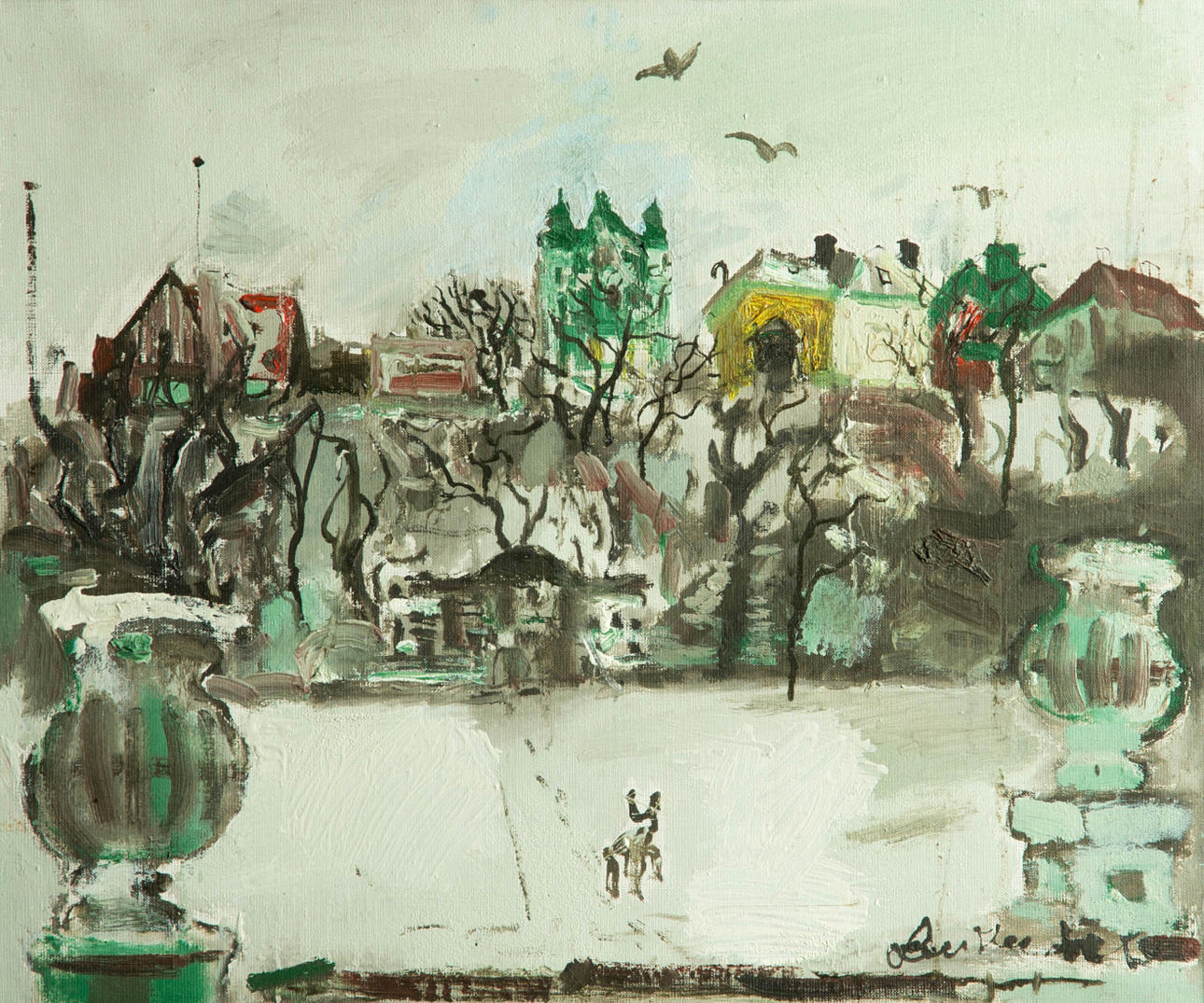 LARS HERDER. Margaretaplatsen, olja på duk, signerad.