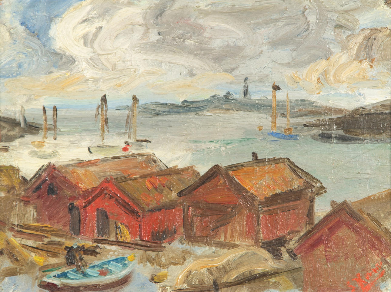 SPIROS XENOS. Fiskebodar, uppklistrad duk, signerad.