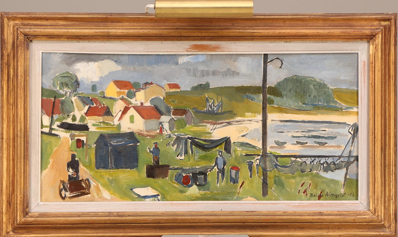 HOLGER ALMQVIST. TAVLA, olja duk signerad och daterad Holger Almqvist -53, hamnvy.