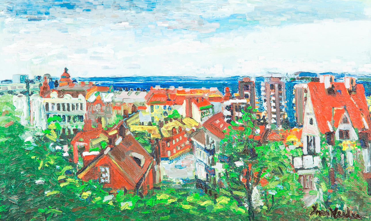 LARS HERDER. Vy över Helsingborg, olja på duk, signerad.