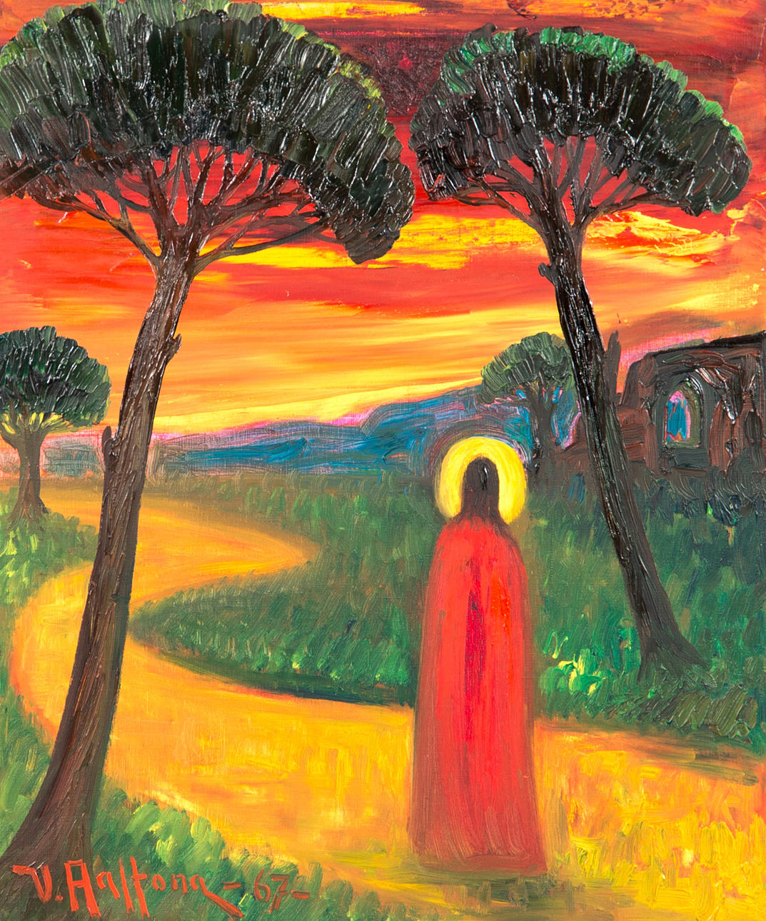 VEIKO AALTONA. Religiöst motiv, olkja på duk, signerad V. Aaltona -67.