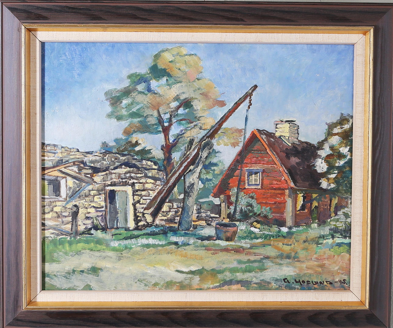 ASTRID HOFLUND. Pitsgården Långlöt, Öland, olja på pannå, signerad.