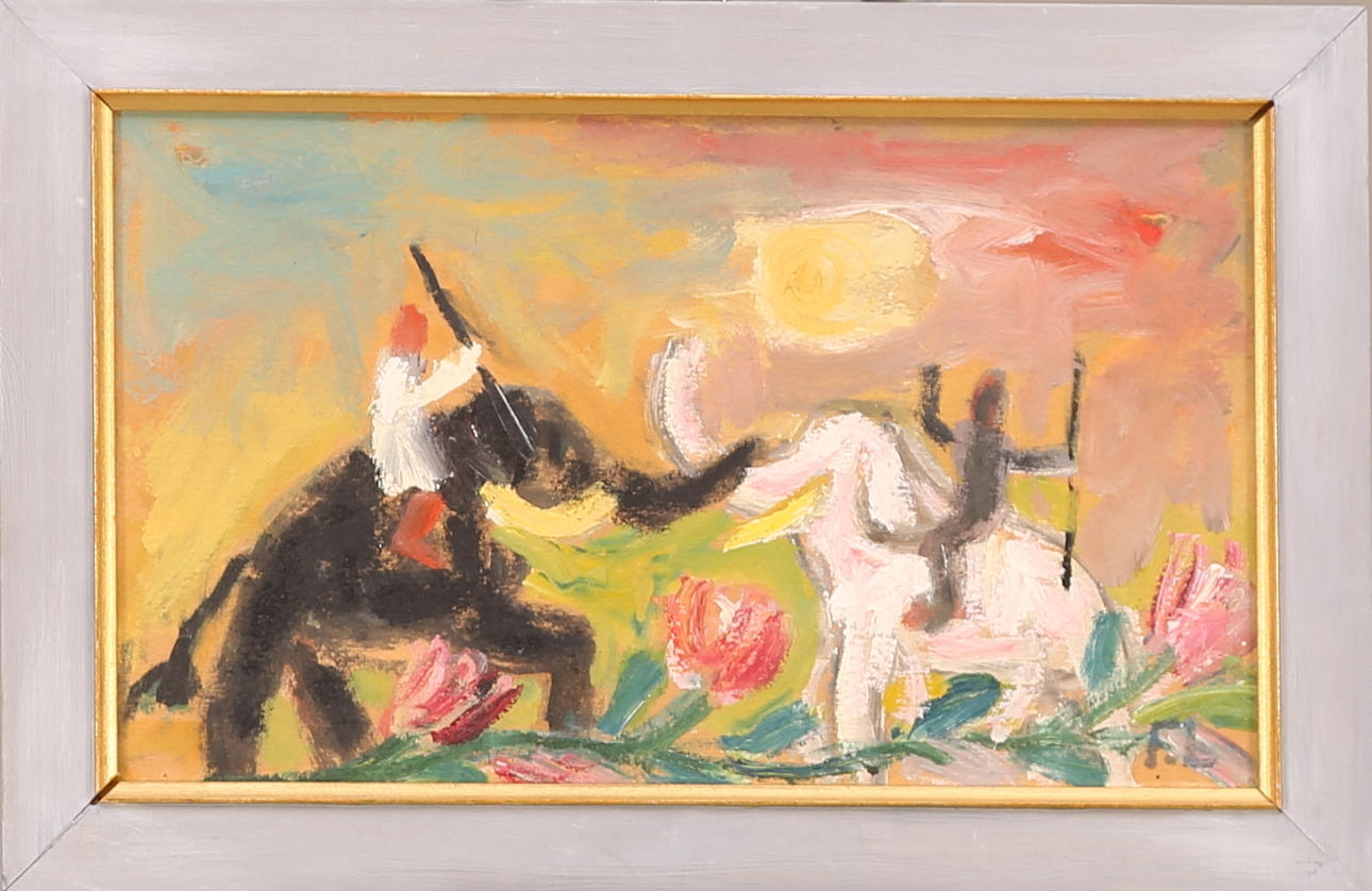 FRANS LARSSON. TAVLA, olja papp, signerad F.L., "Elefantkrigare".