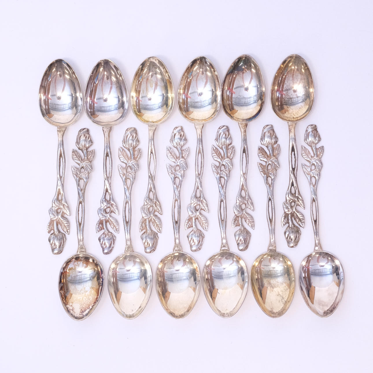 KAFFESKEDAR, SILVER, ROSENKNOPP, 12 DELAR.