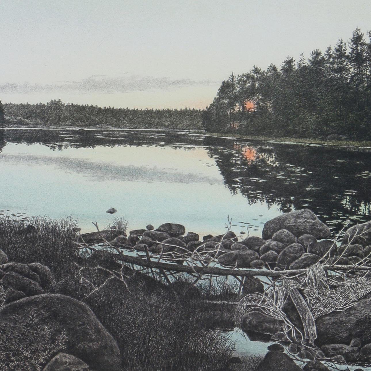REINHOLD LJUNGGREN. Färglitografi, "Sommarkväll..." 238/310, signerad.