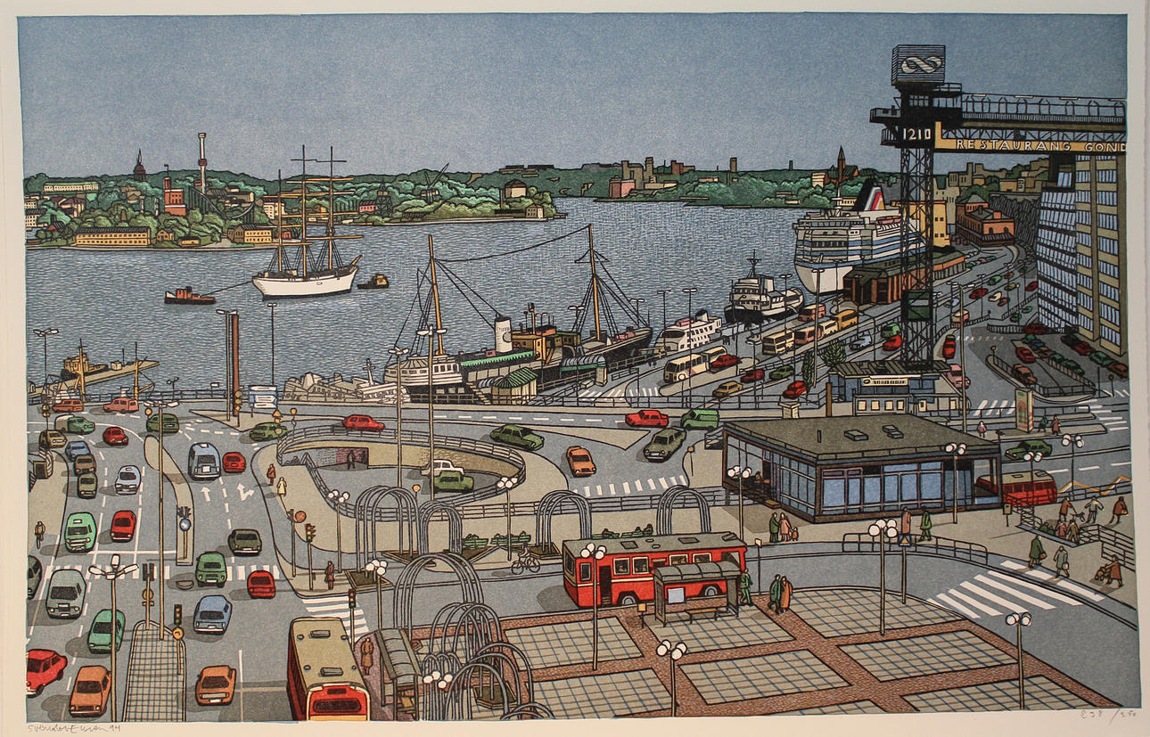 SVENOLOV EHRÉN. Katarinahissen vid slussen. Stockholm. Färglitografi. Signerad och daterad -94. 238/250.