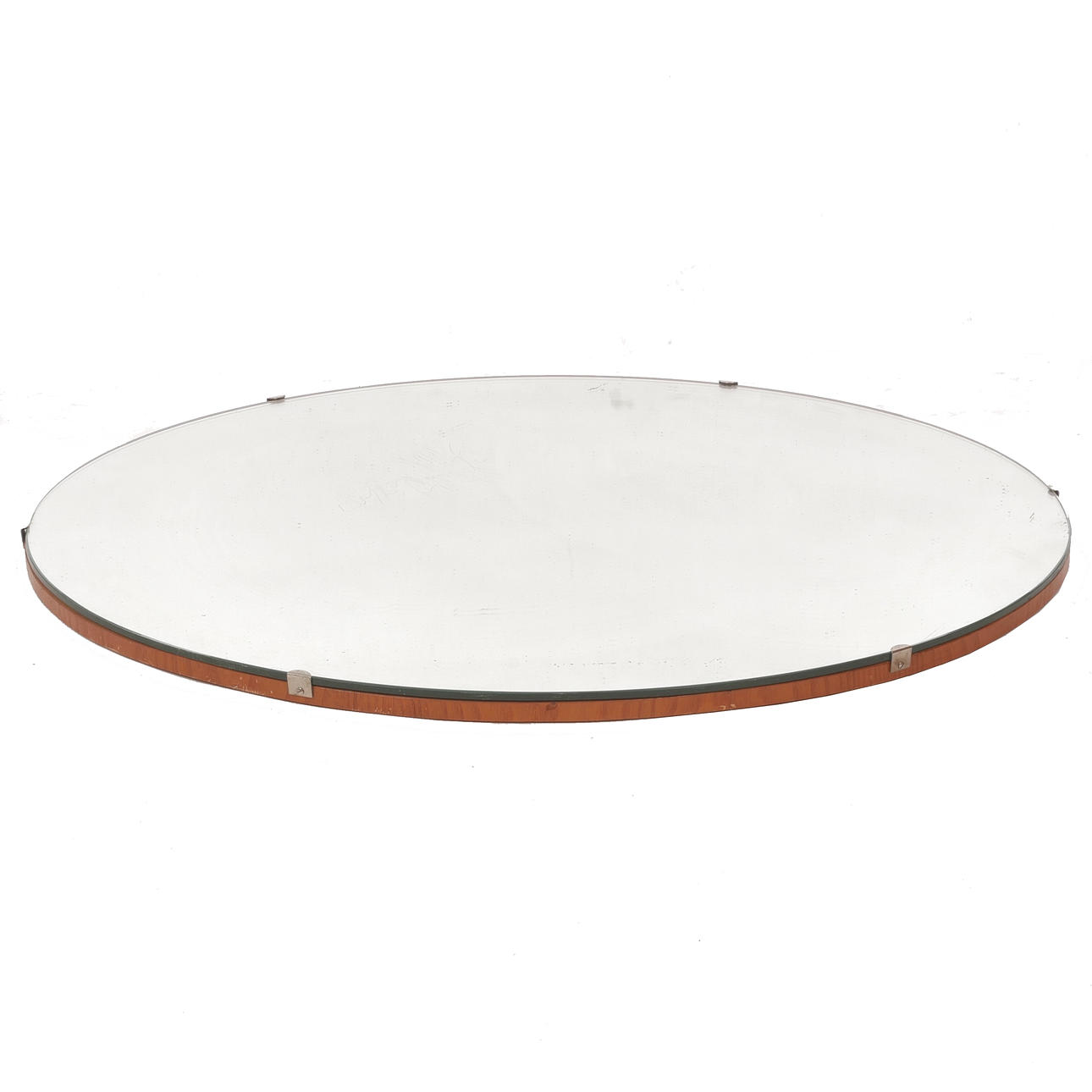 MIRROR, large round, teak veneered, 1950s.